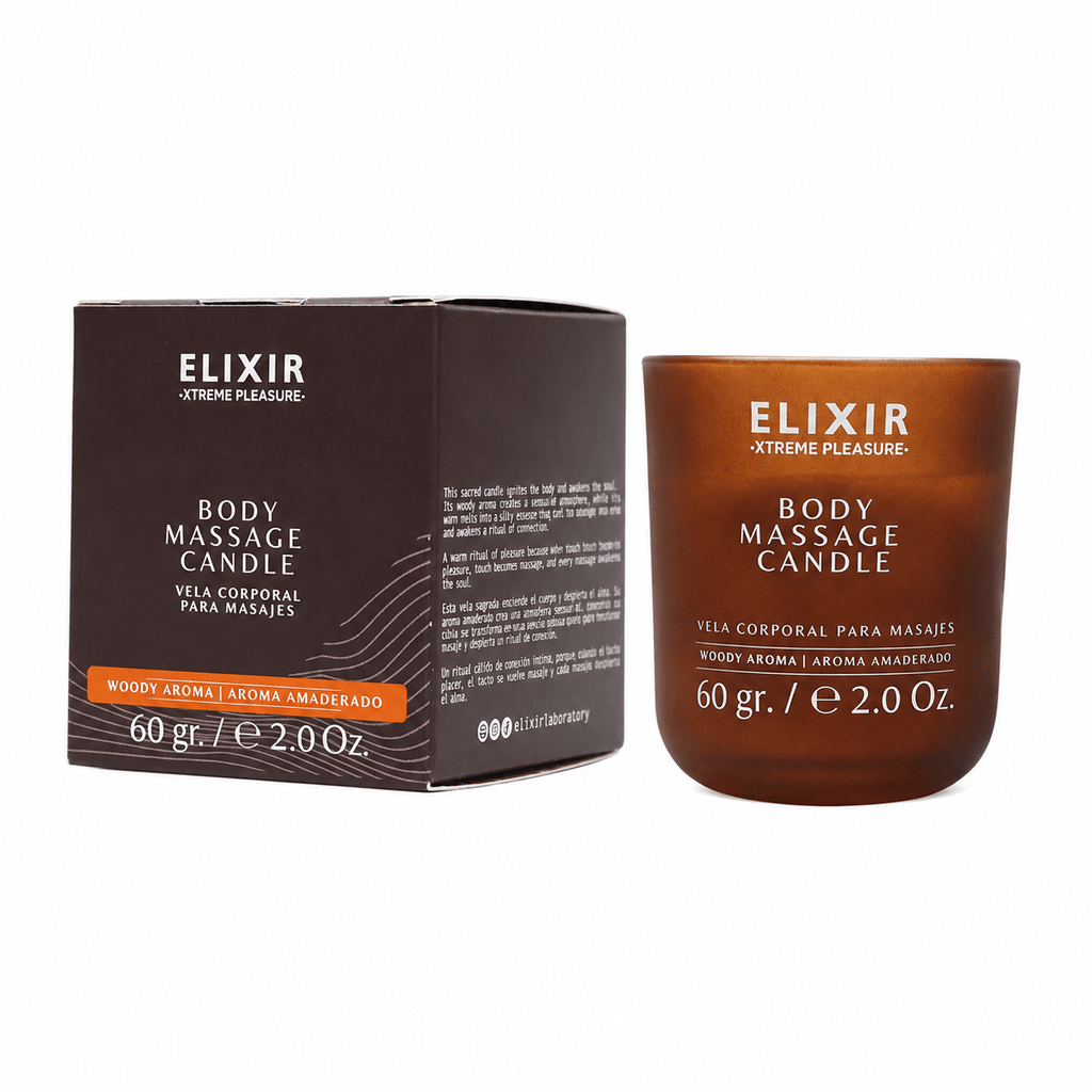 Elixir vela para masajes aroma amaderado con su caja