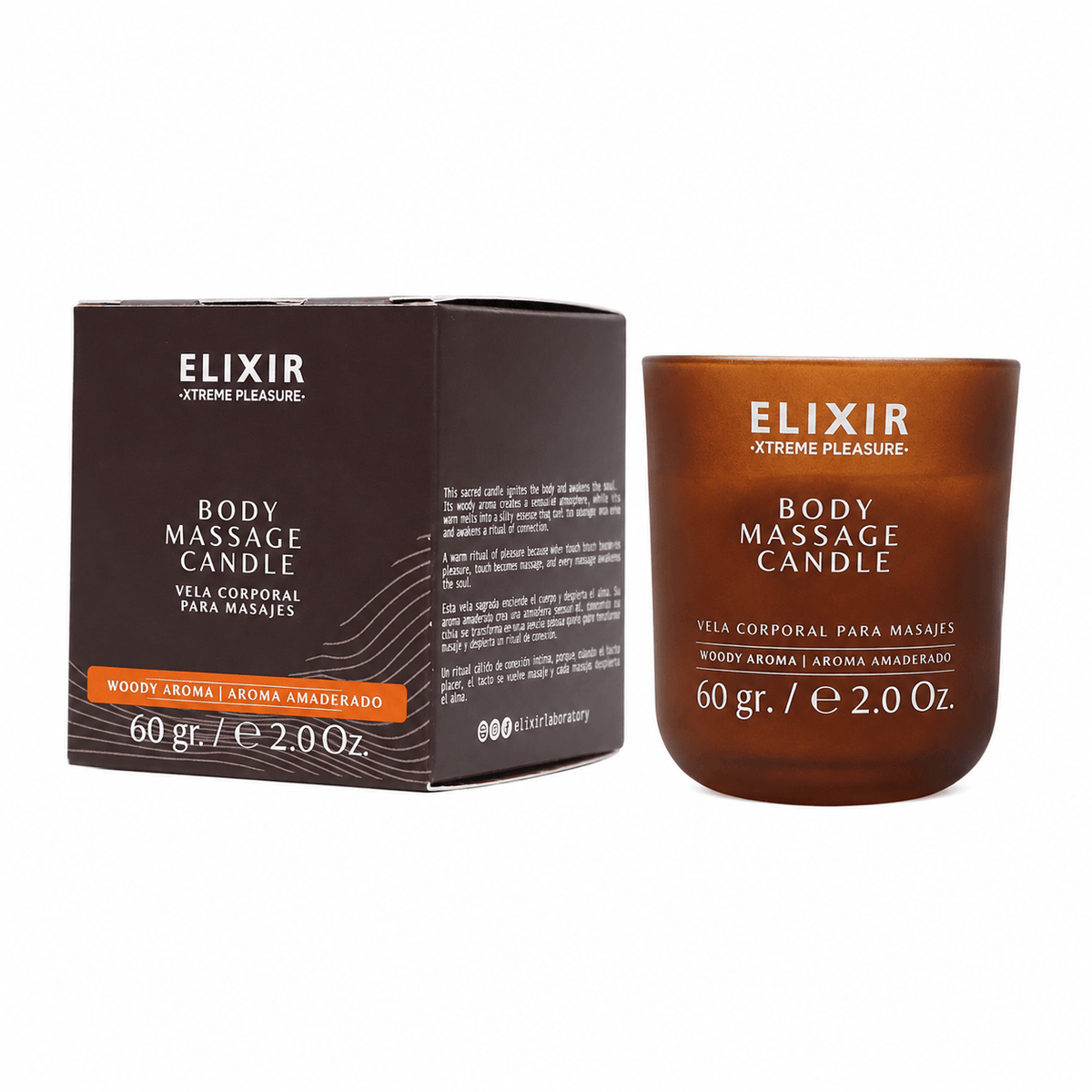 Elixir vela para masajes aroma amaderado con su caja