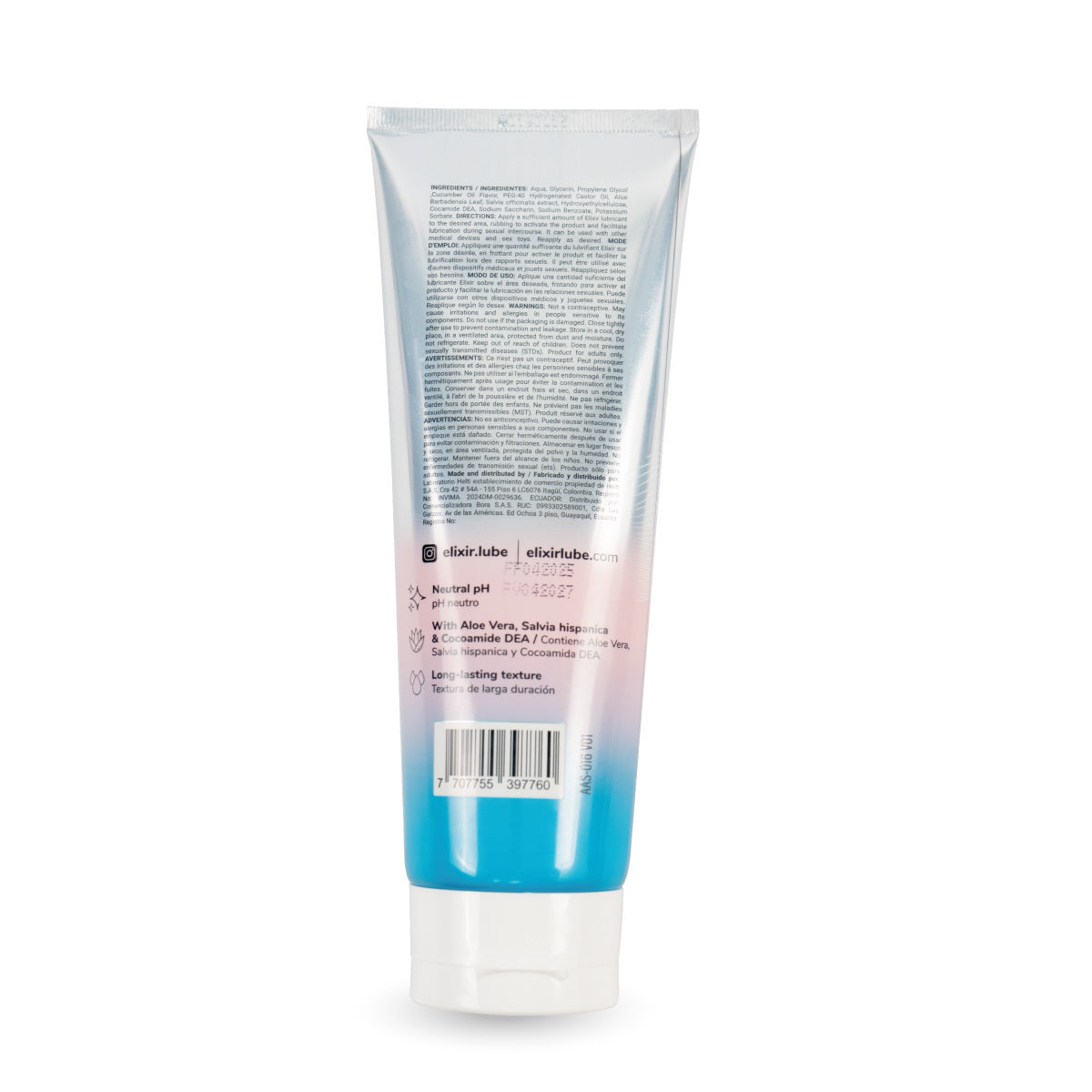 Elixir lubricante tipo cum piel sensible, reverso del tubo