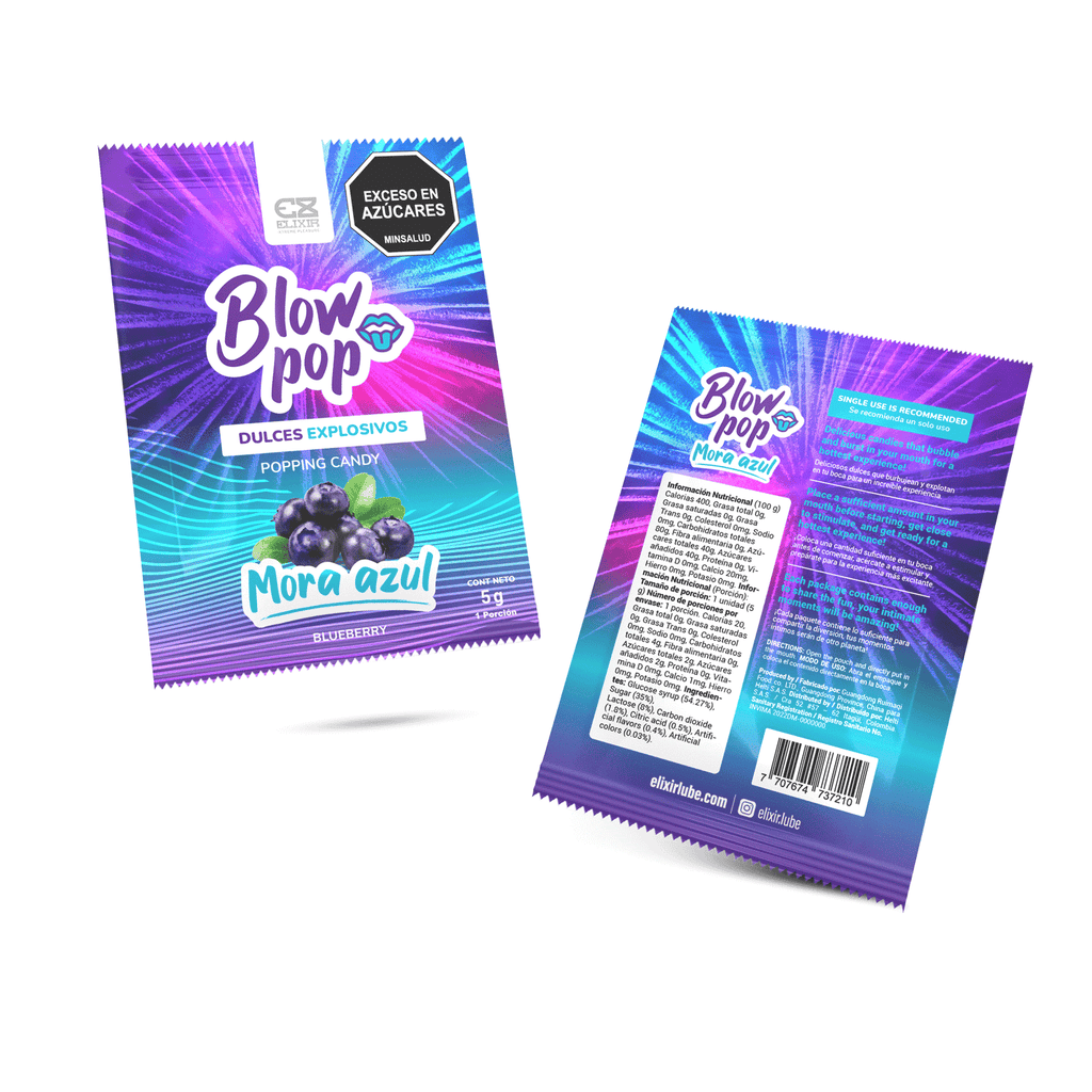 Elixir Blow Pop sabor mora azul: frente y reverso del sobre