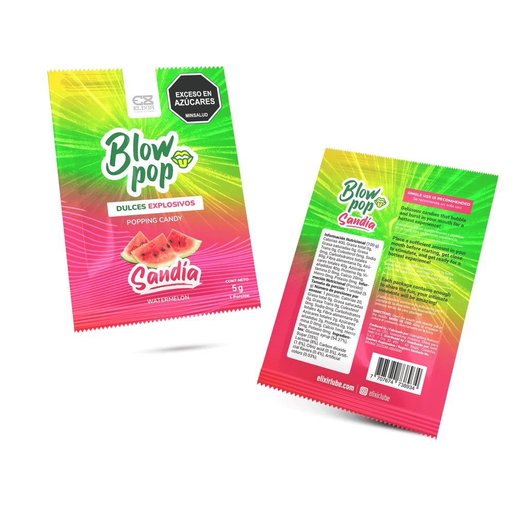 Elixir Blow Pop sabor sandía: frente y reverso del sobre