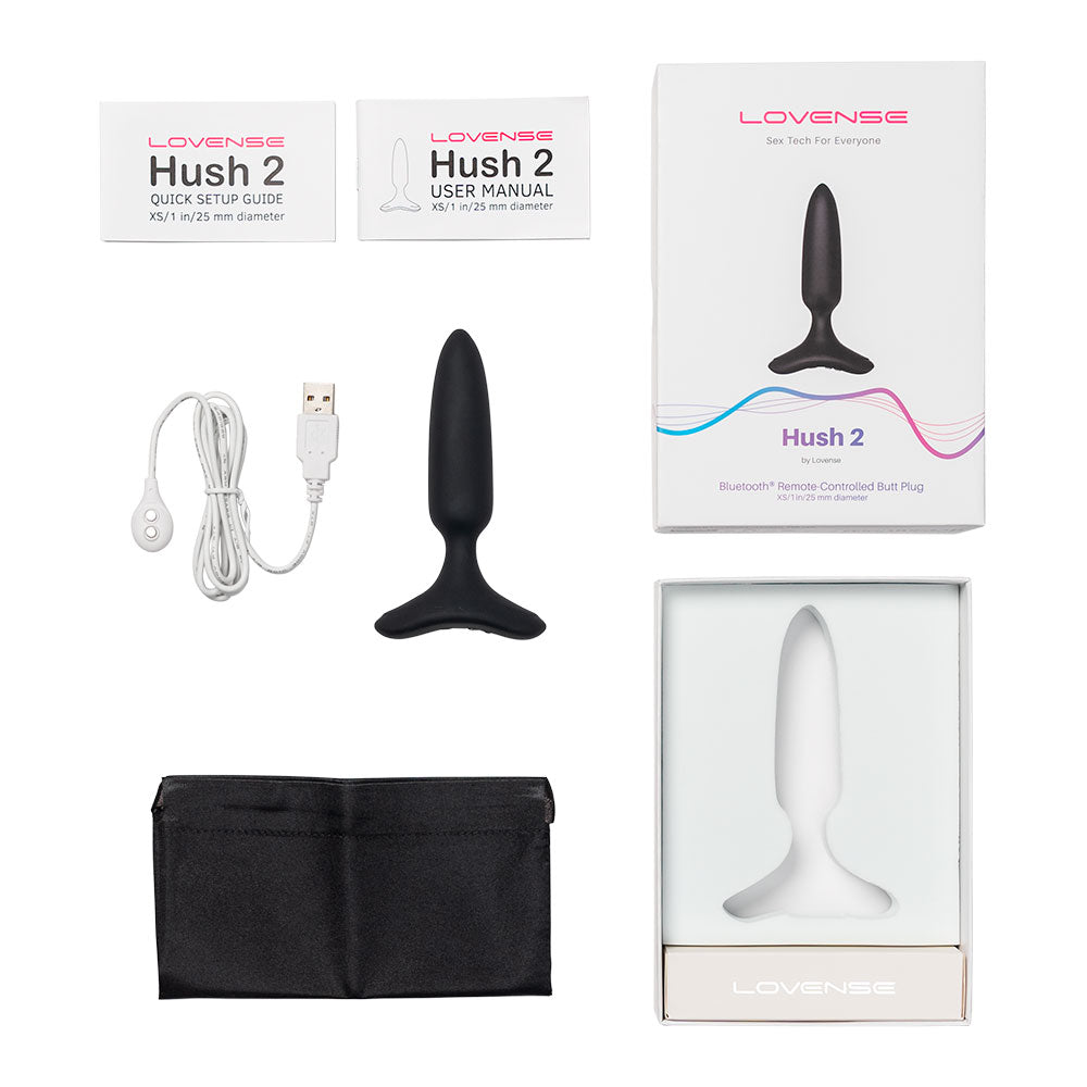 Contenido del empaque del Lovense Hush 2: plug, cable de carga, bolsa y manual
