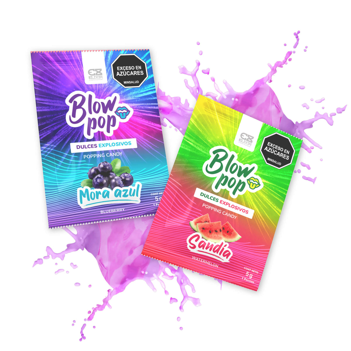 Elixir Blow Pop dulces explosivos, sabores mora azul y sandía