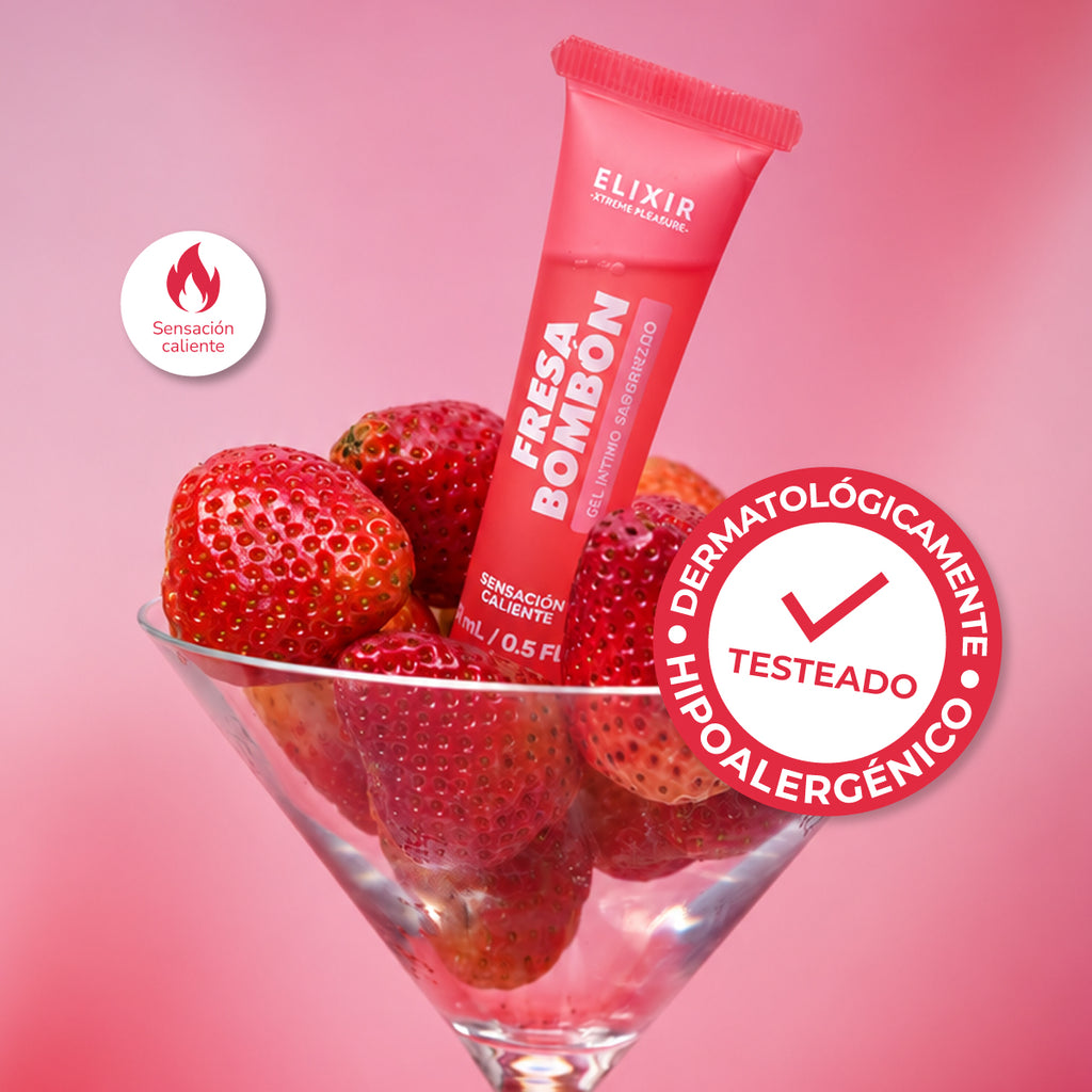 Lubricante saborizado Elixir sabor fresa bombón con efecto calor