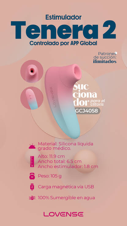 Ficha del Lovense Tenera 2 con medidas, peso, carga magnética y material